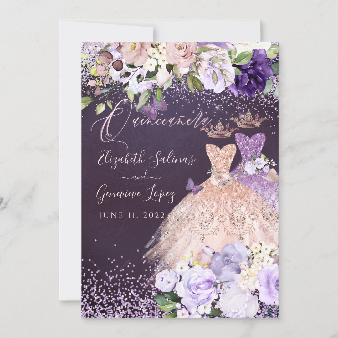 PixDezines Twins Quinceanera RoseGold Dusty Purple Invitation Zazzle