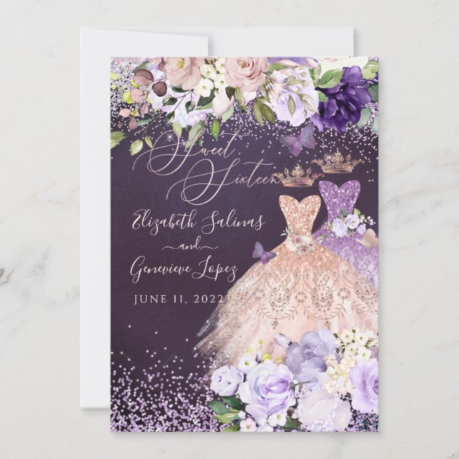 PixDezines Twins Sweet 16 Rose Gold Dusty Purple I Invitation (Front)