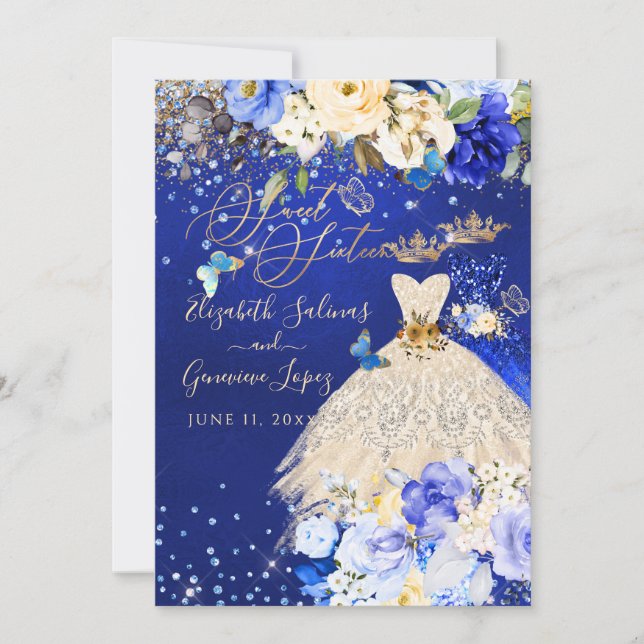 PixDezines Twins Sweet 16 Royal Blue Gold  Invitation (Front)