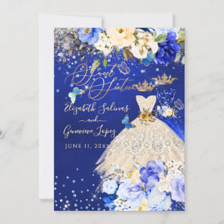 PixDezines Twins Sweet 16 Royal Blue Gold  Invitation
