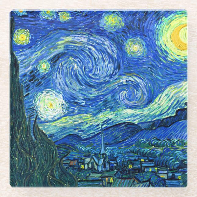 PixDezines Van Gogh Starry Night/St. Remy Glass Coaster (Front)