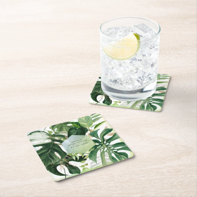 PixDezines Variegated Monstera Tropical Foliage Square Paper Coaster (Insitu)