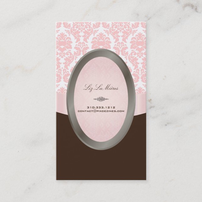 PixDezines versailles damask/pink+chocolate Business Card (Front)
