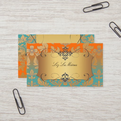 Customizable PixDezines Vintage Baroque damask/teal+orange Business Card Templates