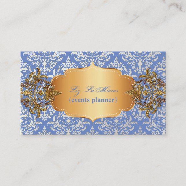 PixDezines vintage blue céline damask Business Card (Front)