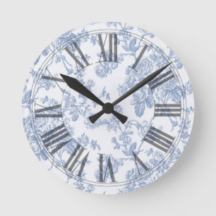 PixDezines Vintage Blue Roses Toile Round Clock