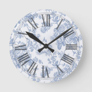 PixDezines Vintage Blue Roses Toile Round Clock