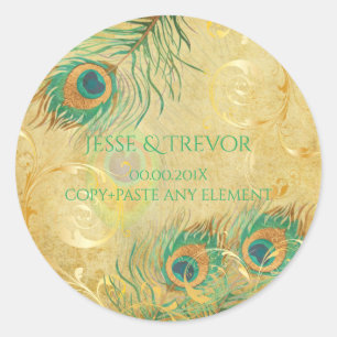 PixDezines VINTAGE FAUX GOLD PEACOCK FEATHER Classic Round Sticker