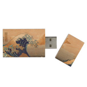 PixDezines Vintage, Great Wave, Hokusai 葛飾北斎の神奈川沖浪 Wood USB Flash Drive