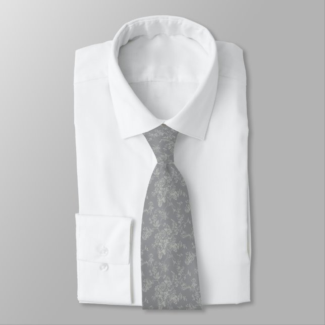PixDezines Vintage Grey Toile Roses  Neck Tie (Tied)
