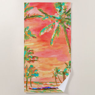 PixDezines Vintage Hawaiian Beach/Coral Orange Beach Towel