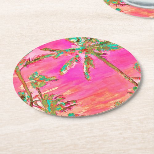 PixDezines Vintage Hawaiian BeachPinkTeal Round Paper Coaster