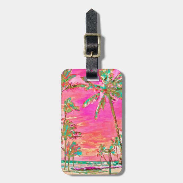 PixDezines Vintage Hawaiian Beach Scene/Pink Luggage Tag (Front Vertical)