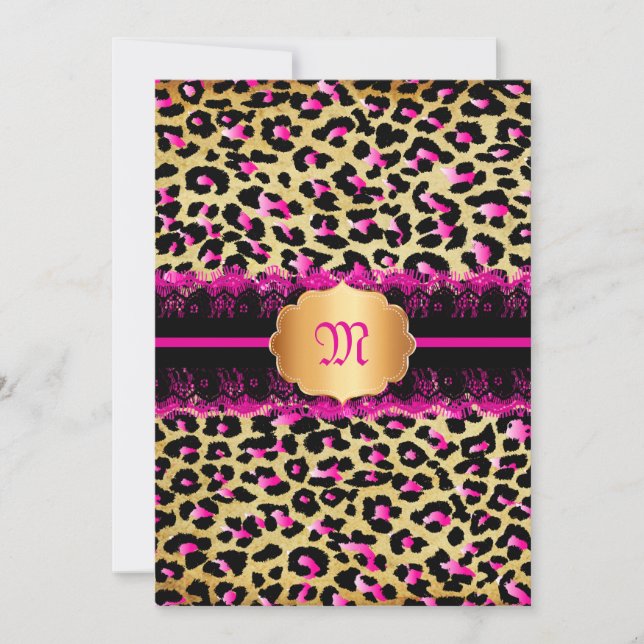 PixDezines vintage lace+cheetah spots/pink+black Invitation (Front)