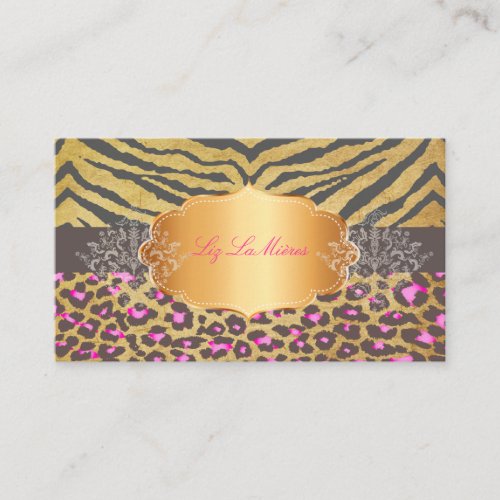 PixDezines vintage cheetah, zebra+gold label Business Card Template