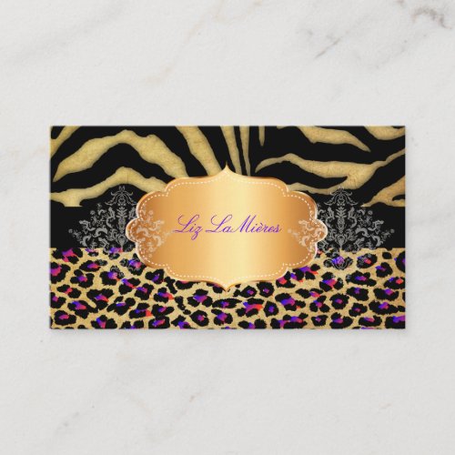 PixDezines vintage cheetah, zebra+gold label Business Card Template