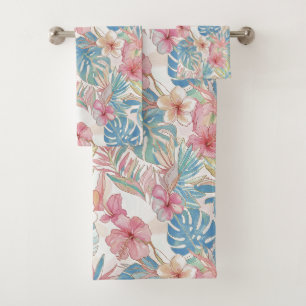 PixDezines Vintage Pastel H2 Hawaii Floral Foliage Bath Towel Set