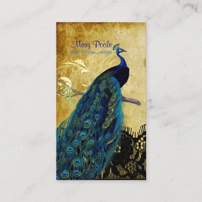 PixDezines vintage peacock+lace/diy fonts Business Card (Front)