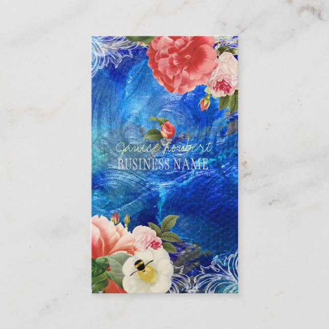 PixDezines vintage peonies/faux metallic Business Card (Front)