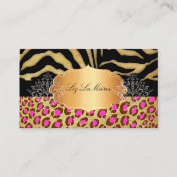 Pixdezines Vintage Pink Leopard  Zebra Gold Label Business Card by Create_Business_Card at Zazzle
