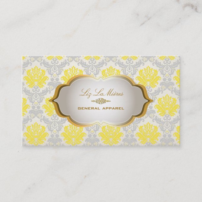 PixDezines vintage piqué damask/yellow+grey Business Card (Front)