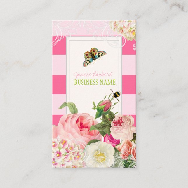 PixDezines vintage primrose, peonies/DIYstripes Business Card (Front)