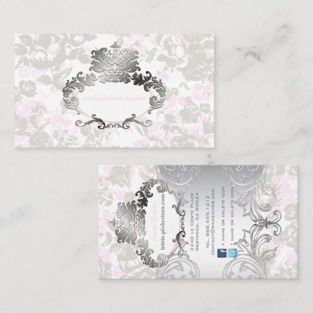 PixDezines Vintage Roses Pale Pink+Grey Business Card (Front/Back)