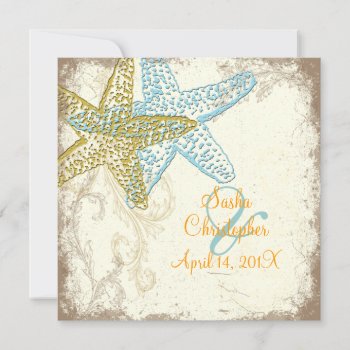 Pixdezines Vintage Starfish Floral Beach Wedding Invitation by custom_stationery at Zazzle