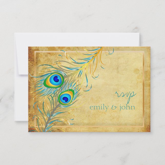 PixDezines vintage teal peacock RSVP Card (Front)