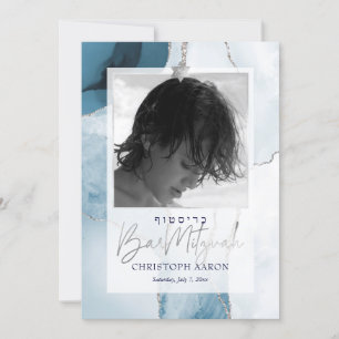 PixDezines Watecolor Agate, Blues Bar Mitzvah Invitation