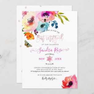 PixDezines Water Roses Watercolor Bat Mitzvah Invitation
