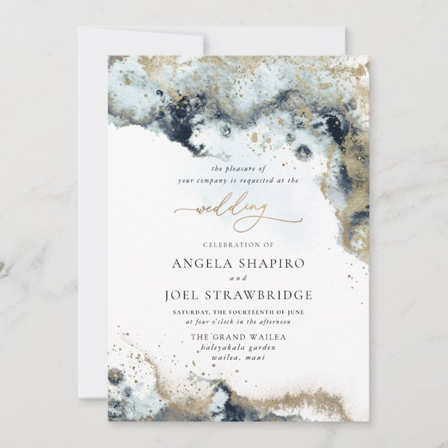 PixDezines Watercolor Abstract Ocean Gold Seafoam Invitation (Front)
