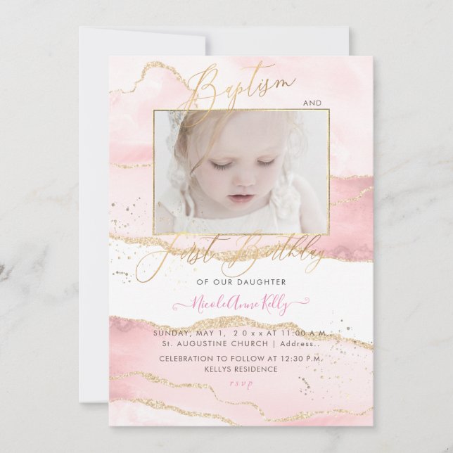 PixDezines Watercolor Agate 1st Birthday Baptism Invitation (Front)