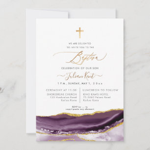 PixDezines Watercolor Agate Aubergine Gold Baptism Invitation