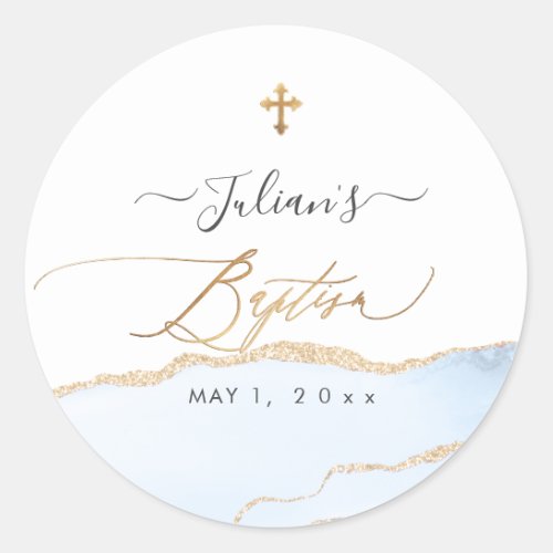 PixDezines Watercolor Agate Baby Blue Gold Baptism Classic Round Sticker