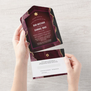 PixDezines Watercolor Agate Burgundy Bar Mitzvah All In One Invitation