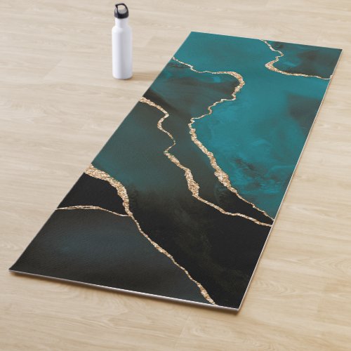 PixDezines Watercolor Agate Forest Green Gold Yoga Mat