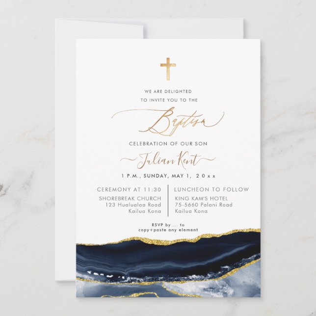 PixDezines Watercolor Agate Navy Blue Gold Baptism Invitation (Front)