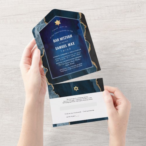 PixDezines Watercolor Agate Slate Blue Bar Mitzvah All In One Invitation