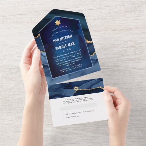 PixDezines Watercolor Agate Slate Blue Bar Mitzvah All In One Invitation