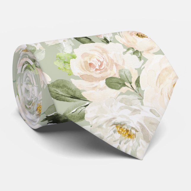 PixDezines Watercolor Alabaster Cream Roses Neck Tie (Rolled)