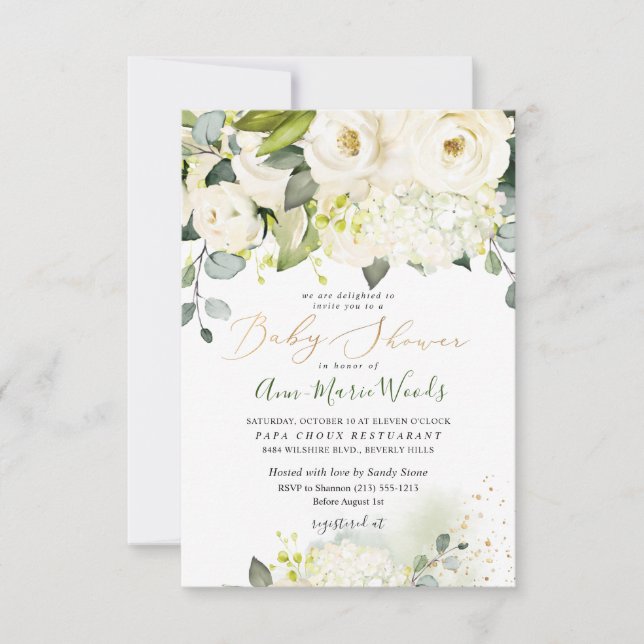 PixDezines Watercolor Alabaster Roses Baby Shower Invitation (Front)