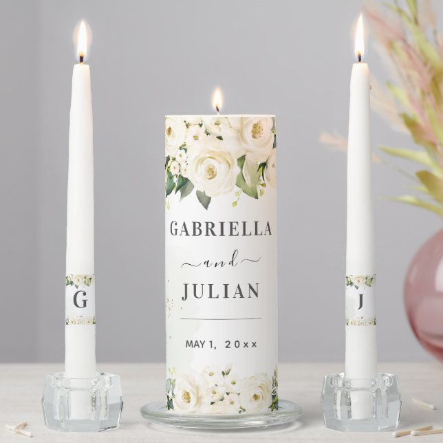 PixDezines Watercolor Alabaster Roses Wedding Unity Candle Set (In Situ)
