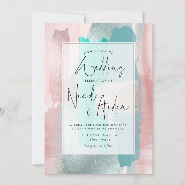 PixDezines Watercolor Aqua, Rose Gold Blush Invitation (Front)
