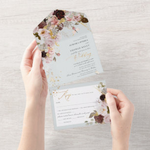 PixDezines Watercolor Autumn Burgundy Blush Flower All In One Invitation