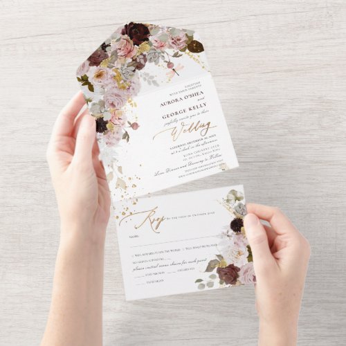 PixDezines Watercolor Autumn Burgundy Blush Flower All In One Invitation