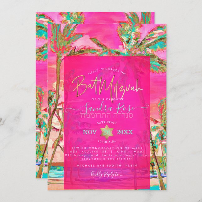 PixDezines Watercolor Beach Bat Mitzvah, Hot Pink Invitation (Front/Back)
