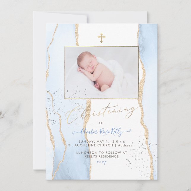 PixDezines Watercolor Blue Agate Christening Invitation (Front)