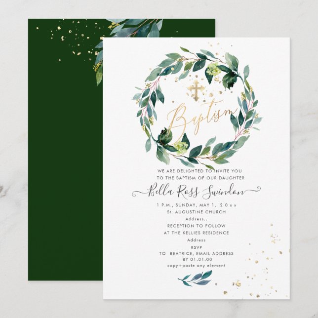 PixDezines Watercolor Blue Gum Greenery Baptism Invitation (Front/Back)