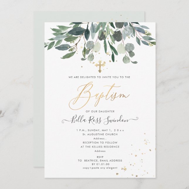 PixDezines Watercolor Blue Gum Greenery  Baptism Invitation (Front/Back)
